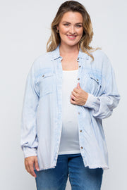 Light Blue Button Up Fringe Hem Maternity Plus Top