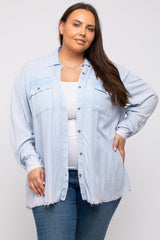 Light Blue Button Up Fringe Hem Plus Top