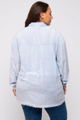 Light Blue Button Up Fringe Hem Plus Top