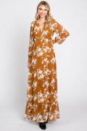 Camel Floral Chiffon Balloon Sleeve Maxi Dress