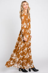 Camel Floral Chiffon Balloon Sleeve Maxi Dress