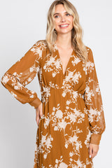 Camel Floral Chiffon Balloon Sleeve Maxi Dress