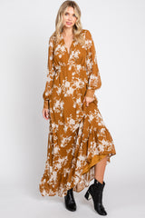 Camel Floral Chiffon Balloon Sleeve Maxi Dress