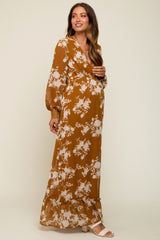 Camel Floral Chiffon Balloon Sleeve Maternity Maxi Dress