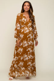 Camel Floral Chiffon Balloon Sleeve Maternity Maxi Dress