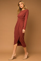 Rust Ribbed Long Sleeve Wrap Midi Dress