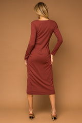 Rust Ribbed Long Sleeve Wrap Midi Dress