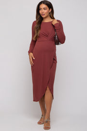 Rust Ribbed Long Sleeve Wrap Maternity Midi Dress