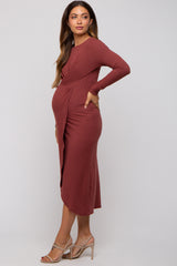 Rust Ribbed Long Sleeve Wrap Maternity Midi Dress