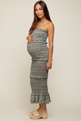 Forest Green Floral Smocked Ruffle Tier Maternity Midi Dress