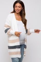 White Striped Eyelash Knit Button Front Maternity Cardigan