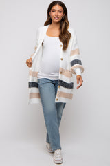 White Striped Eyelash Knit Button Front Maternity Cardigan