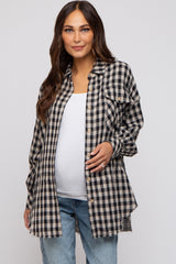 Black Mixed Plaid Fringe Maternity Button Down Top