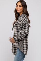 Black Mixed Plaid Fringe Maternity Button Down Top