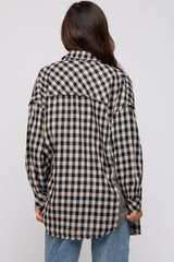 Black Mixed Plaid Fringe Maternity Button Down Top