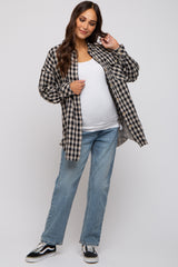 Black Mixed Plaid Fringe Maternity Button Down Top