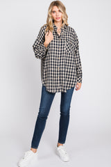 Black Mixed Plaid Fringe Maternity Button Down Top