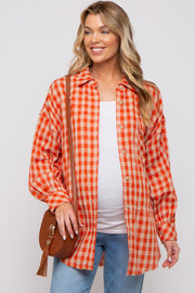 Orange Mixed Plaid Fringe Maternity Button Down Top