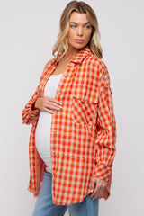 Orange Mixed Plaid Fringe Maternity Button Down Top