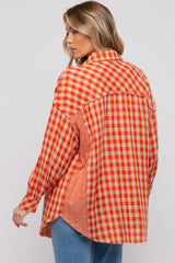 Orange Mixed Plaid Fringe Maternity Button Down Top