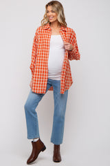 Orange Mixed Plaid Fringe Maternity Button Down Top