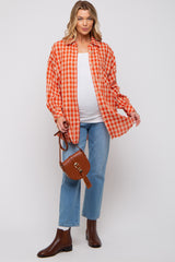 Orange Mixed Plaid Fringe Maternity Button Down Top