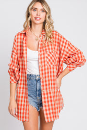 Orange Mixed Plaid Fringe Button Down Top