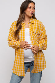 Yellow Mixed Plaid Fringe Maternity Button Down Top