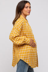 Yellow Mixed Plaid Fringe Maternity Button Down Top