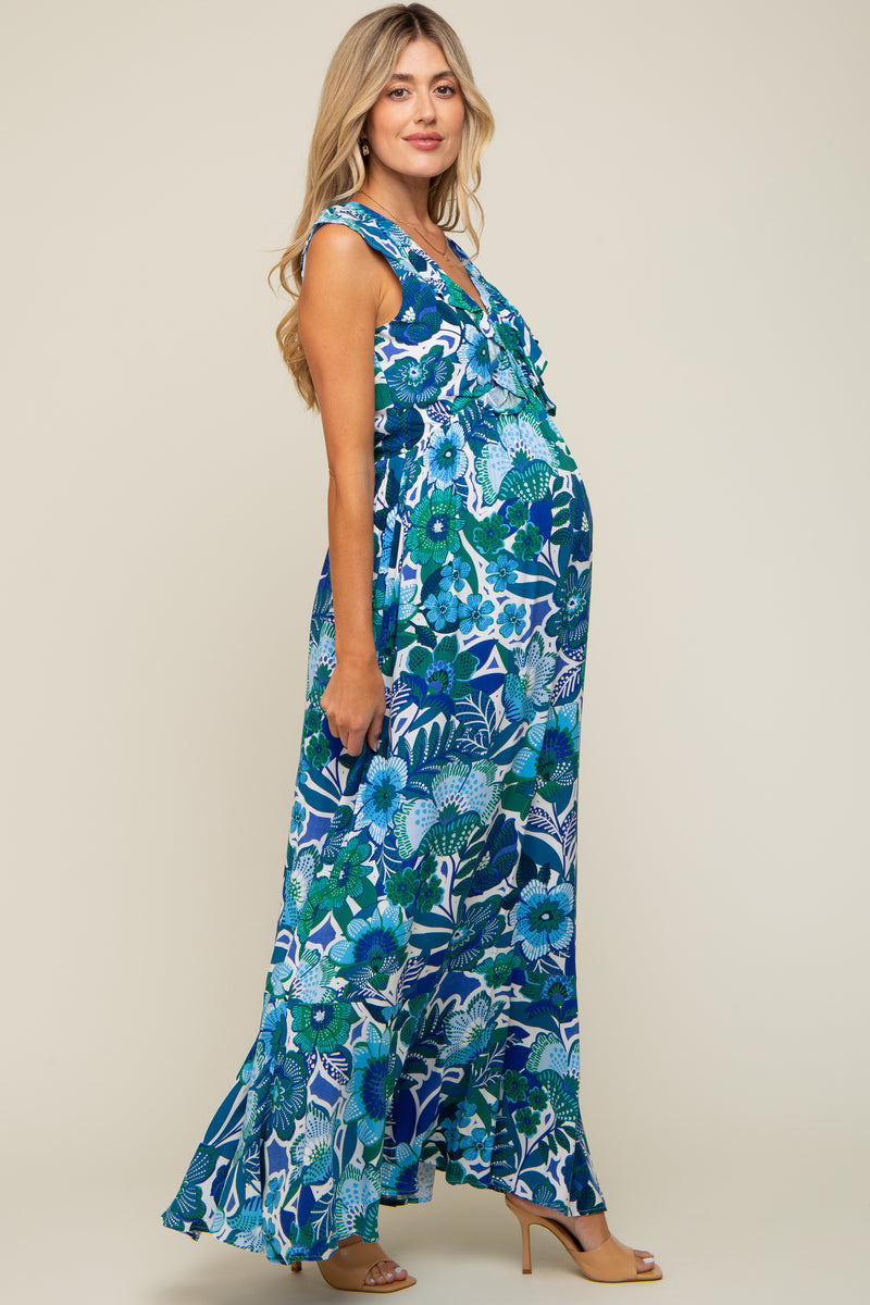 Blue Floral Ruffle Accent Sleeveless Maternity Maxi Dress – PinkBlush