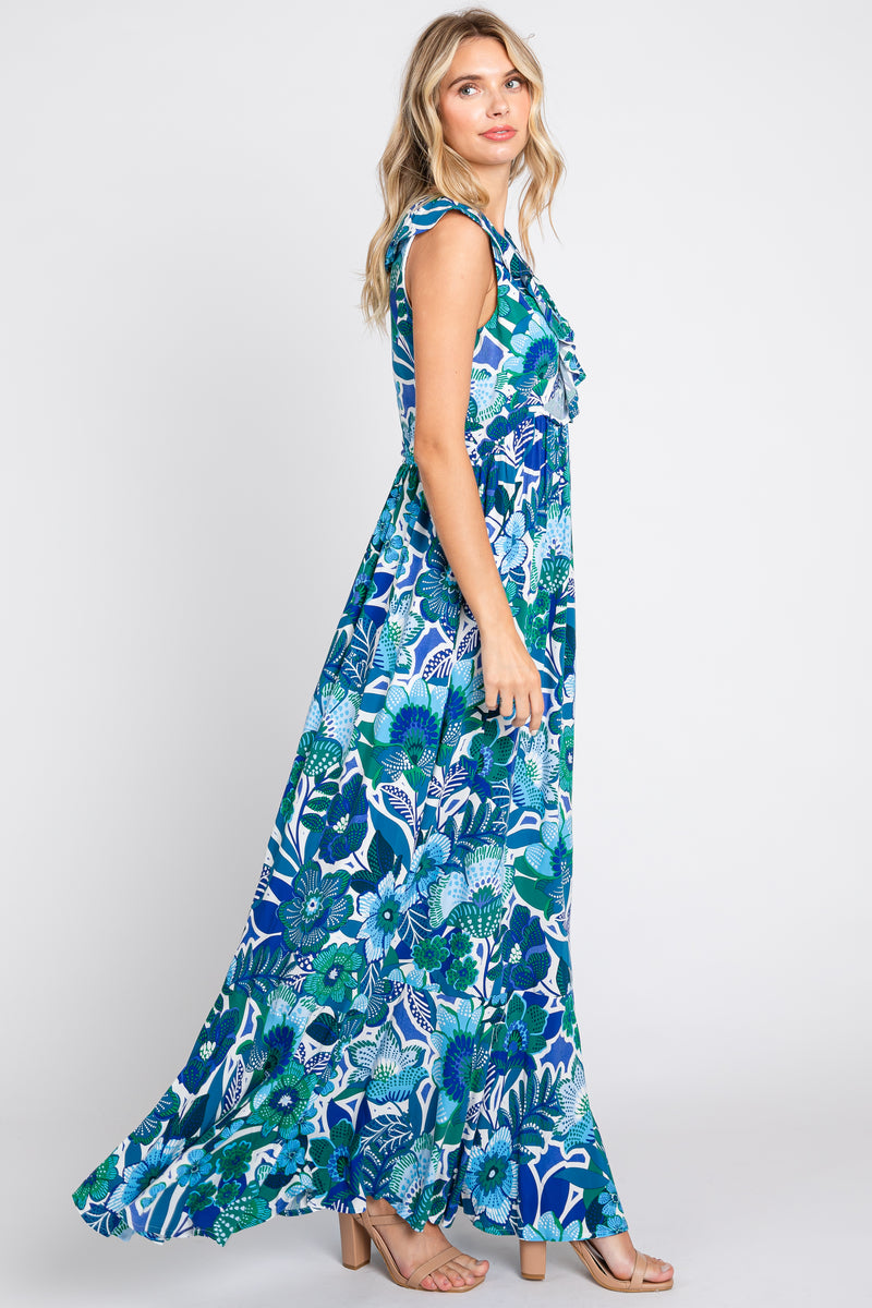 Blue Floral Ruffle Accent Sleeveless Maxi Dress – PinkBlush