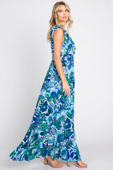 Blue Floral Ruffle Accent Sleeveless Maxi Dress