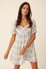 Powder Blue Plaid Sweetheart Ruched Short Sleeve Mini Dress