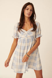 Powder Blue Plaid Sweetheart Ruched Short Sleeve Mini Dress