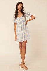 Powder Blue Plaid Sweetheart Ruched Short Sleeve Mini Dress