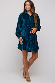 Teal Velour Button Up Maternity Dress