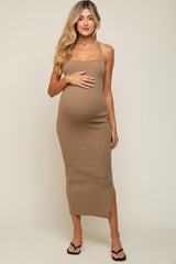 Beige Textured Ribbed Square Neck Criss Cross Back Maternity Midi Dress