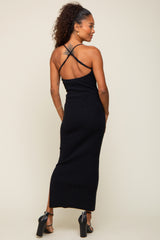 Black Textured Ribbed Square Neck Criss Cross Back Midi Dress