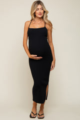 Black Textured Ribbed Square Neck Criss Cross Back Maternity Midi Dress