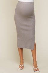 Heather Grey Ribbed Fitted Side Slit Maternity Midi Skirt