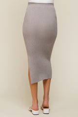 Heather Grey Ribbed Fitted Side Slit Maternity Midi Skirt