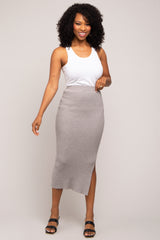 Heather Grey Ribbed Fitted Side Slit Maternity Midi Skirt