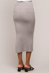 Heather Grey Ribbed Fitted Side Slit Midi Skirt