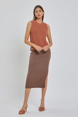 Brown Ribbed Fitted Side Slit Maternity Midi Skirt