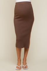 Brown Ribbed Fitted Side Slit Maternity Midi Skirt