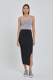 Black Ribbed Fitted Side Slit Midi Skirt