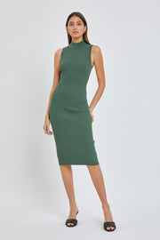 Green Ribbed Fitted Mock Neck Dress