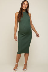 Green Ribbed Fitted Mock Neck Maternity Dress