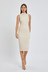 Beige Ribbed Fitted Mock Neck Maternity Dress