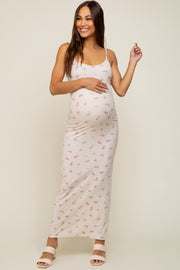 Cream Floral Ribbed Maternity Maxi Dress